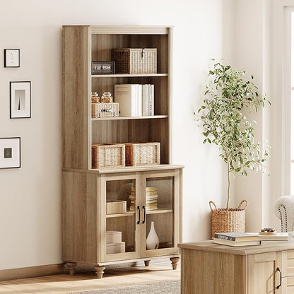 WAMPAT 5 Tier Bookshelf 72" Tall Bookcase with Glass Doors,Large Farmhouse Display Book Shelf with Adjustable Shelves and Storage Cabinet，Library Wood Bookshelves for Living Room,Kitchen, Oak