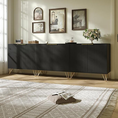 Fluted Storage Cabinet, Set of 2, Sideboard Buffet Cabinet, Modern Wood Accent Cabinet with Adjustable Shelves, Console Table for Living Room, Hallway, Entryway, Black
