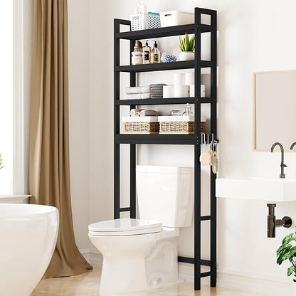 Smiry Over The Toilet Storage Cabinet, 4-Tier Bamboo Bathroom Organizers with Adjustable Shelf & 4 Hooks, Space Saving Shelf Rack for Bathrooms, Laundry Room, Balcony, Black