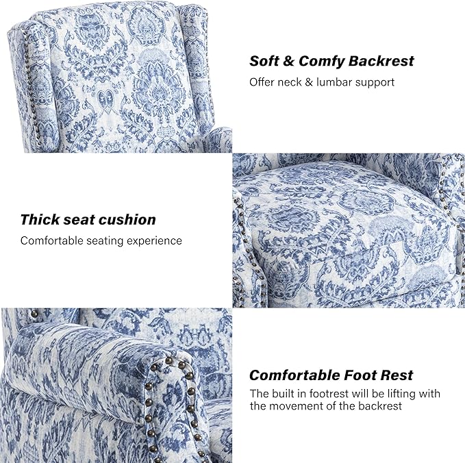 Pushback Recliner Chair Set of 2, Floral Fabric Wingback Recliner Chair, Upholstered Armchair Push Back Recliner, Rivet Trim Single Sofa Accent Chair with Wood Legs for Living Room, Navy