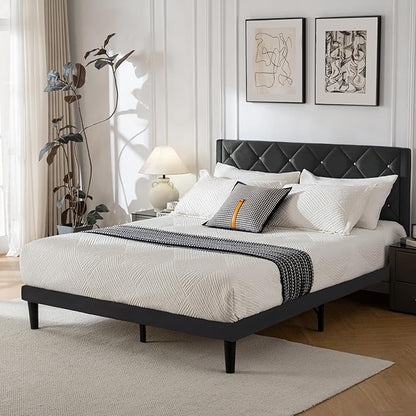 Queen Size Platform Bed Frame with Velvet Upholstered Headboard and Sturdy Wooden Slats Support,Mattress Foundation，Easy Assembly, No Box Spring Needed,Slip Resistant (Black, Queen)