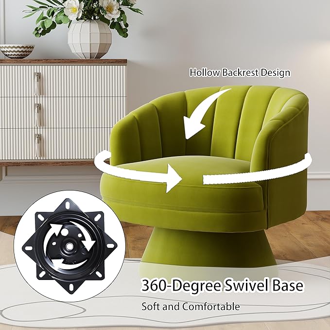 Swivel Accent Chair,Upholstered Velvet 360° Swivel Barrel Chair for Living Room Overstuffed Bouncle Reading Chair Round Armchair for Bedroom,Vanity,Office (Grass Green)