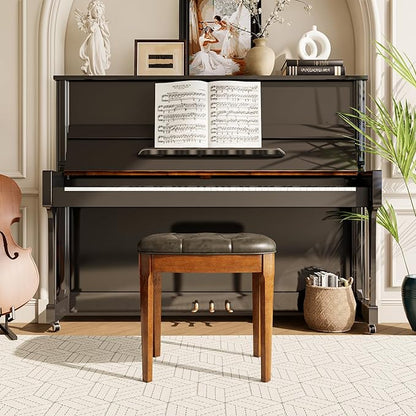 MODERION Vanity Bench Stool with Upholstered, Modern Luxury Wood Stool,Ottoman Shoe Bench for Living Room, Vanity, Entryway, 19.3" L x 14.9" W x 19.3" H Easy Assembly, Beeswax Leg & Gray FD-HNY-GY