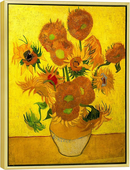 Wieco Art Framed Canvas Wall Art Vase with Fifteen Sunflowers by Van Gogh Classic Oil Paintings Abstract Flowers Canvas Prints for Home Decor Modern Framed Floral Picture Artwork