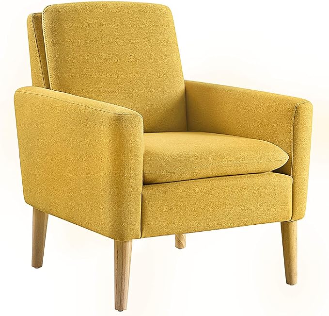 Lohoms Mid-Century Modern Accent Chair, Linen Fabric Upholstered Comfy Reading Leisure Chair for Living Room, Bedroom, Office, Waiting Room, Wood Legs, Mustard Yellow