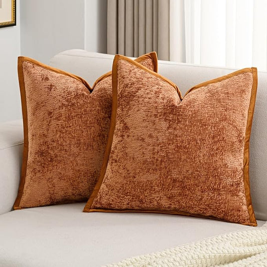 FUTEI Rust Chenille Throw Pillow Covers 26x26 Inch Set of 2,Soft Cozy Bound Edge Design Euro Pillow Sham,Home Decor for Couch Bed Living Room