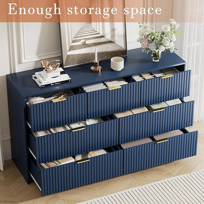 Navy Blue Dresser for Bedroom, Modern Dresser with 7 Drawers and Smooth Slides, Wide Chest of Drawers with Golden Handles for Bedroom, Living Room, Closet, 15.7" D x 55.1" W x 31.4" H