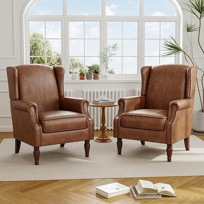 Accent Chair, Upholstered High Back Armchair with Nailhead Trim & Wood Legs, Comfy Wingback Reading Single Sofa Chair for Small Spaces, Living Room, Bedroom (Leather Brown, Set of 1)