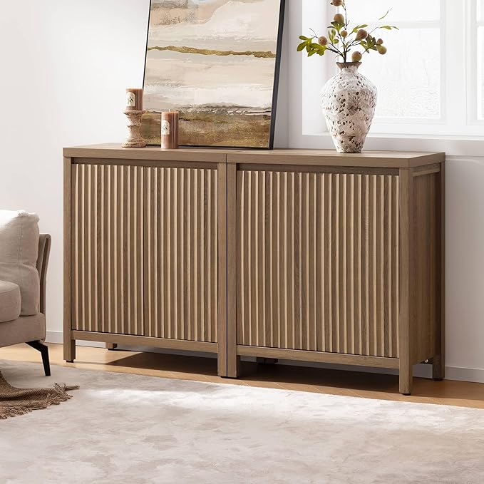 SICOTAS Sideboard Buffet Cabinet with Storage, Fluted Credenza Console Cabinet with Adjustable Shelves, Farmhouse Coffee Bar Storage Cabinets for Kitchen, Living Room, Entryway, Caramel Oak, 3 PCS