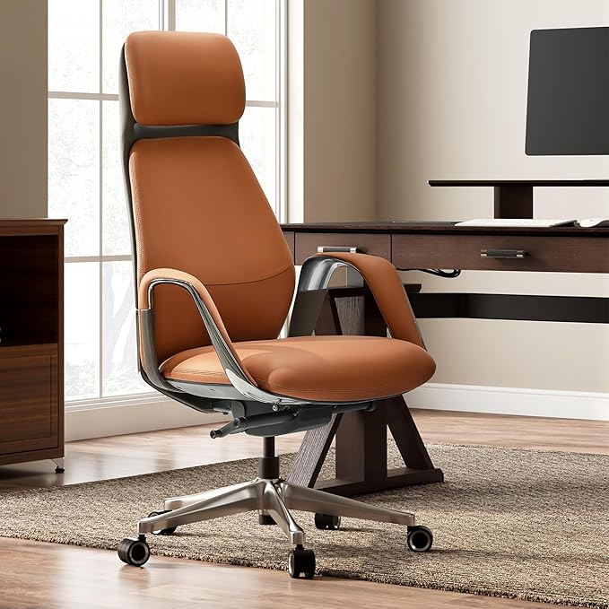 EUREKA ERGONOMIC Serene Executive Office Chair Genuine Leather Office Chair, Modern Executive Chair 135° Back Support Comfy Desk Chair with Arms & Aluminum Base for Home-Brown