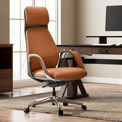 EUREKA ERGONOMIC Serene Executive Office Chair Genuine Leather Office Chair, Modern Executive Chair 135° Back Support Comfy Desk Chair with Arms & Aluminum Base for Home-Brown
