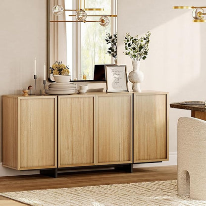 WAMPAT Modern Sideboard Buffet Cabinet with 4 Doors, Multifunctional Sideboard with Large Storage and T-Shaped Legs, Coffee Bar Cabinet Storage Cabinet for Kitchen, Living Room, Oak