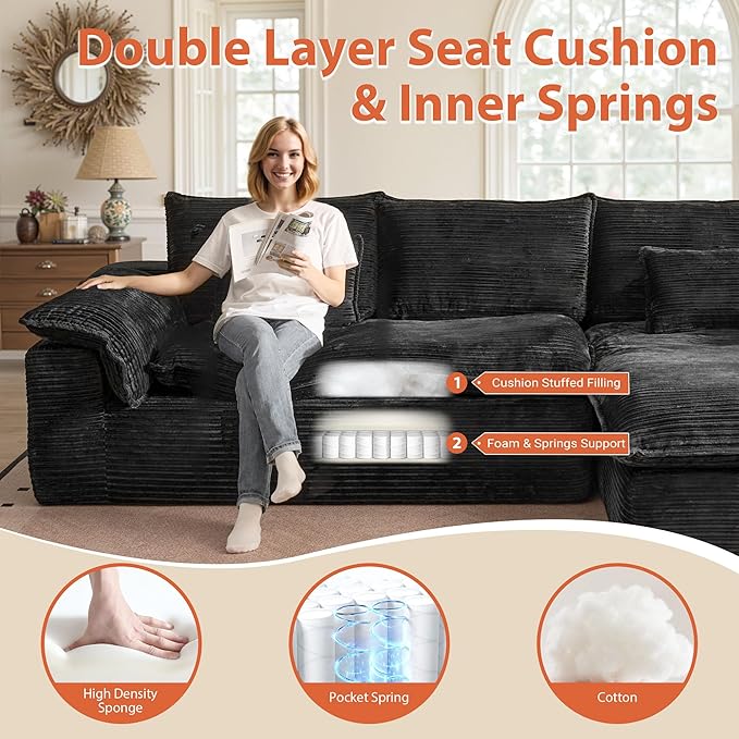 113 in Oversized Cloud Sofa with L Shape Chaise, Sectional Couches for Living Room, Assembly Free Modular Comfy Corduroy Sofa with Right Facing Chaise Longue for Home Apartment (Right Chaise, Black)