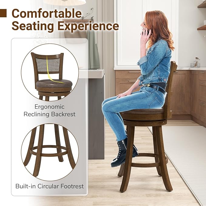 COSTWAY 25” Swivel Counter Height Barstools Set of 4, Rubber Wood Bar Stools with Rattan Backrest, Footrest, Upholstered Leathaire Armless Chairs for Kitchen Island, Pub, Brown (4, 25” Seat Height)