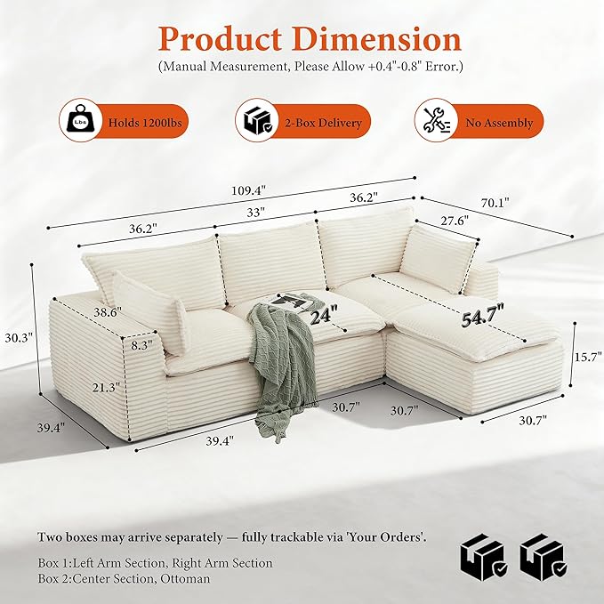 108" Sectional Couches for Living Room Boneless Couch Upholstered Cloud Couch Sectional Modular Sectional Sofa with L Shaped (Corduroy-White, 3 Seat+1 Ottoman)