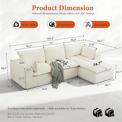 108" Sectional Couches for Living Room Boneless Couch Upholstered Cloud Couch Sectional Modular Sectional Sofa with L Shaped (Corduroy-White, 3 Seat+1 Ottoman)