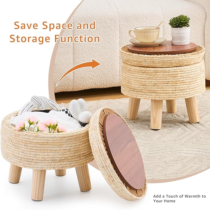 Cpintltr Storage Ottoman Poufs Handwoven Footstool Natural Seagrass Round Footrest Stool with 4 Wood Legs Soft Padded Outdoor Seat for Hallway Lounge Bedroom Garden