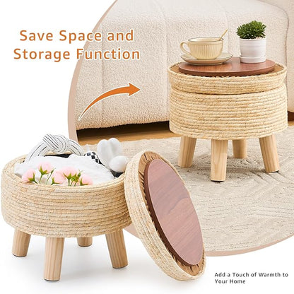 Cpintltr Storage Ottoman Poufs Handwoven Footstool Natural Seagrass Round Footrest Stool with 4 Wood Legs Soft Padded Outdoor Seat for Hallway Lounge Bedroom Garden