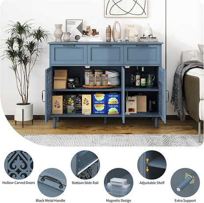 Sideboard Buffet Cabinet with Storage - Modern 3 Door 3 Drawer Farmhouse Wood Credenza for Living Room, Dining Room (Blue)