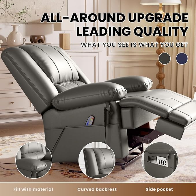 Large Dual Motor Power Lift Recliner Chair with Massage and Heat for Elderly People, Infinite Position,USB Ports and Remote Control,Breathable Leather (Gray)