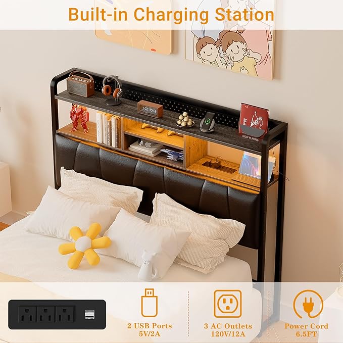 Unikito Headboard for Full Size Bed Frame, Upholstered Head Board with Outlets, USB Ports and LED Light, Comfortable Leather Headboards with Storage Shelf, Sturdy Full Bed Headboard Only, Black Oak