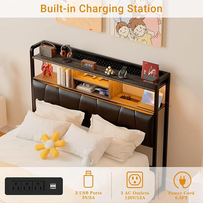 Unikito Headboard for Full Size Bed Frame, Upholstered Head Board with Outlets, USB Ports and LED Light, Comfortable Leather Headboards with Storage Shelf, Sturdy Full Bed Headboard Only, Black Oak