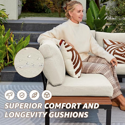 NATURAL EXPRESSIONS Patio Furniture Sets, Metal Outdoor Sectional L Shape Corner Sofa Outdoor Couch with Detachable Backrest,3 Fauxwood Tables,Black Frame,Beige Olefin Cushions for Yard,Garden