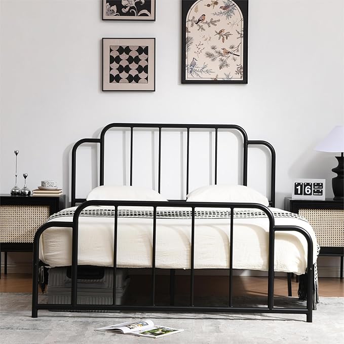 PINJU Metal Platform Bed Frame with Headboard and Footboard, Classic Style, Sturdy Metal Slats, No Box Spring Needed, Easy Installation (Black, Queen)