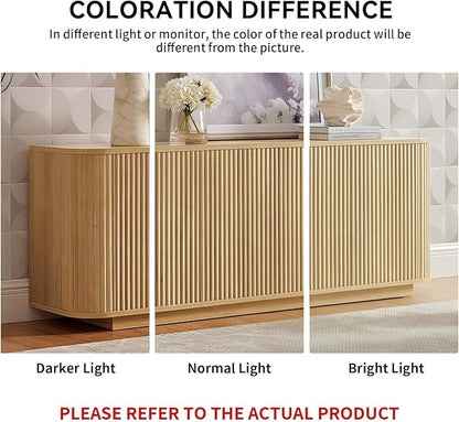LKTART 64" Sideboard Buffet Cabinet with Storage, Wooden Fluted Storage Cabinet Sideboard Credenza with Adjustable Shelves Pressed Spring for Kitchen Living Room (Natural Oak)