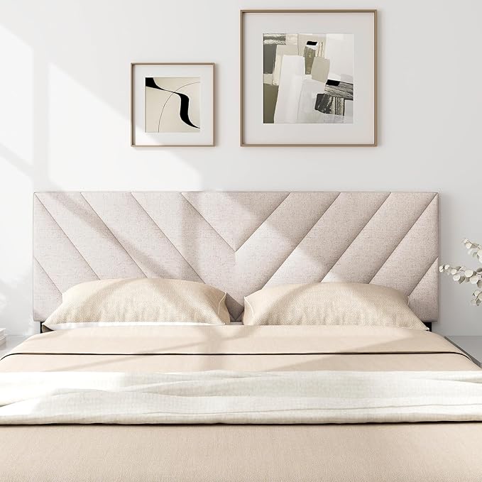 KOMFOTT Linen Fabric Upholstered Headboard for Full/Queen Size Bed, Rectangular Headboard with Solid Wood Legs & Adjustable Width, Padded Full/Queen Bed Headboard, Easy Assembly, Beige