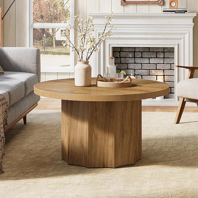 Tribesigns Round Coffee Table, 31.5" Mid Century Modern Center Table with Fluted Base, Farmhouse Wooden Accent Cocktail Tables for Small Space, Living Room, Apartment, Brown