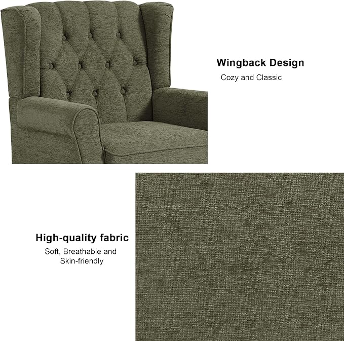 Accent Chair, Upholstered Armchair with Button Tufted High Back & Solid Wood Legs, Comfy Wingback Reading Single Sofa Chair for Small Spaces, Living Room, Bedroom-Green, Set of 1