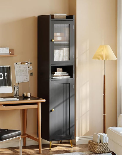 Bathroom Storage Cabinet, Slim Bathroom Storage Cabinet with 6 Shelves & 2 Doors, Linen Cabinet for Bathroom, Kitchen, Laundry Room, Black
