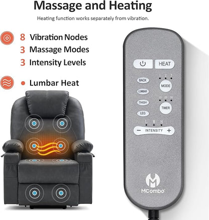 MCombo Dual Motor Large Power Lift Recliner Chair for Elderly, Lay Flat Lift Chair with Heat and Massage, Big Lift Recliner for Tall People, Faux Leather 7815 (Grey, Large)