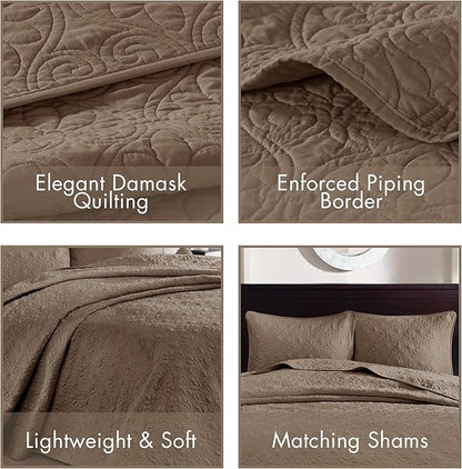 Madison Park Quebec Reversible Damask Design, Double Sided Quilting All Season, Lightweight Coverlet Bedspread Bedding Set, Matching-Shams, Queen(102"x118"), Mocha