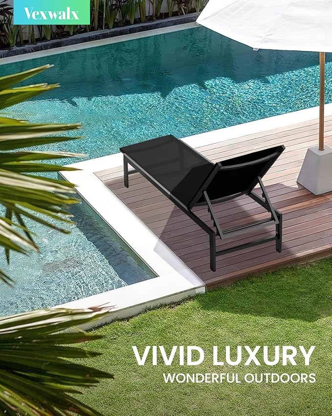Outdoor Lounge Chairs Set of 2 for Pool, Aluminum Chaise Lounge Chairs with 5-Position Recliner, Patio Lounge Chair for Backyard, Poolside, Deck, Lawn, Black