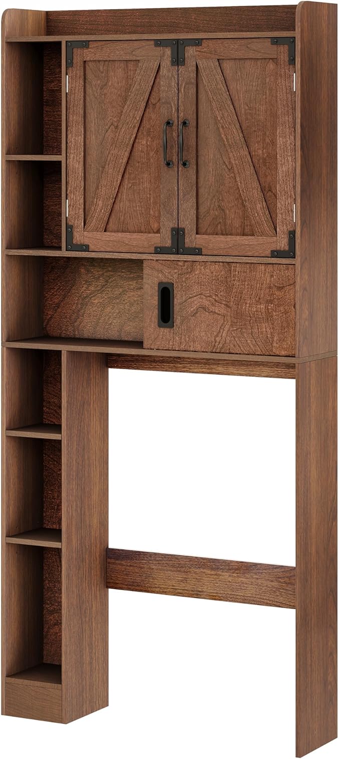 ChooChoo Over The Toilet Storage Cabinet, Farmhouse Bathroom Storage Cabinet with Sliding Door, Over Toilet Storage with Adjustable Shelves, Space-Saving, Walnut