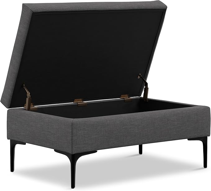 SIMPLIHOME Rebecca 36 inch Wide Mid Century Rectangular Coffee Table Storage Ottoman with Lift Up Lid in Slate Grey Polyester Linen Look, Assembled, for The Living Room, Entryway and Family Room