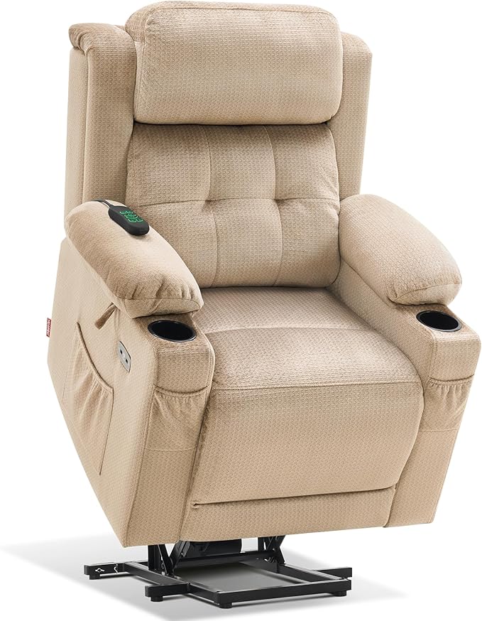 MCombo Medium Triple Motor Power Lift Recliner Chair with Massage and Heat for Elderly People, Adjustable Headrest, Infinite Position, USB Ports, Fabric 7661 (Beige, Medium)