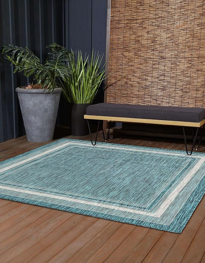 Unique Loom Outdoor Border Collection Area Rug - Soft Border (10' Square Teal/Ivory)