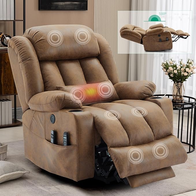 VIVIJASON Tall Man Dual Motor Power Lift Recliner Chair with Extended Footrest, Oversized Lay Flat Sleeper Electric Recliner W/Heat & Massage, Lumbar Pillow, USB & Type-C Ports, Infinite Position