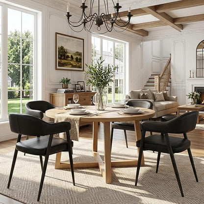 HNY Modern Dining Room Arm Chairs Set of 2, Retro Faux Leather Upholstered Barrel Dining Chairs with Arms Mid-Century Black Accent Chair with Metal Legs, Open-Back Kitchen Side Chair for Living Room