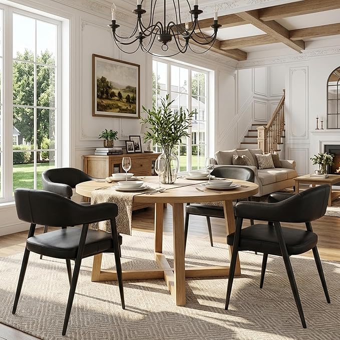 HNY Modern Dining Room Arm Chairs Set of 4, Retro Faux Leather Upholstered Barrel Dining Chairs with Arms Mid-Century Black Accent Chair with Metal Legs, Open-Back Kitchen Side Chair for Living Room