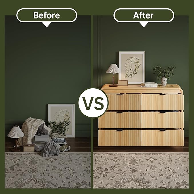 FURSUN Fluted 6 Drawers Dresser for Bedroom, 54" Wide Wooden Dresser with Metal Handle, Curved Profile Design, Modern Storage Organizer for Bedroom, Hallway (Natural Oak)