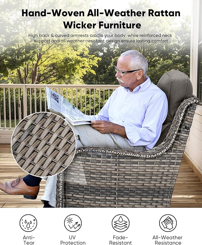 HUMMUH Wicker Patio Furniture Set 6inch Thick Cushion Deep Seat Outdoor Swivel Rocker Patio Chairs Set of 2 with Ottomans Conversation Set for Porch Garden Deck