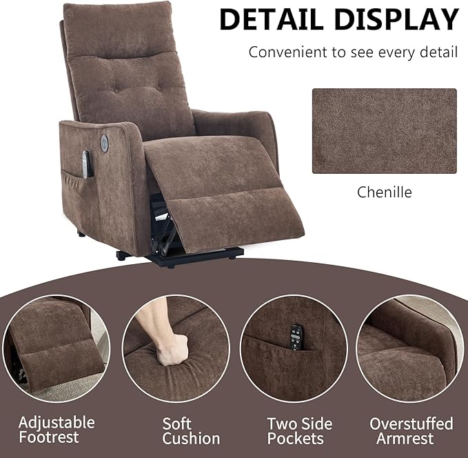 PELUMY Manual Lift Recliner Chair with Massage and Heat for Elderly, Single Motor Electric Lift Chair, Heavy Duty Recliner with USB Charging & Side Pockets (Chenille, Brown)
