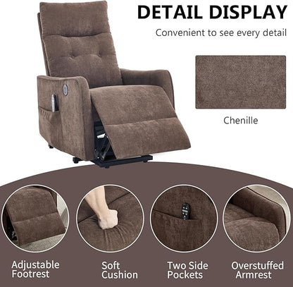 PELUMY Manual Lift Recliner Chair with Massage and Heat for Elderly, Single Motor Electric Lift Chair, Heavy Duty Recliner with USB Charging & Side Pockets (Chenille, Brown)