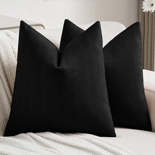FUTEI Black Chenille Decorative Throw Pillow Covers 16x16 Inch Set of 2,Soft Cozy Striped Geometric Patterns Cushion Cases,Modern Home Decor for Couch Bed Living Room