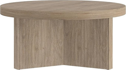 Henn&Hart 32" Fluted Round Low-Profile Coffee Table with Ribbed Pedestal Base for Living Room, Family Room, Office, or Apartment, Antiqued Gray Oak