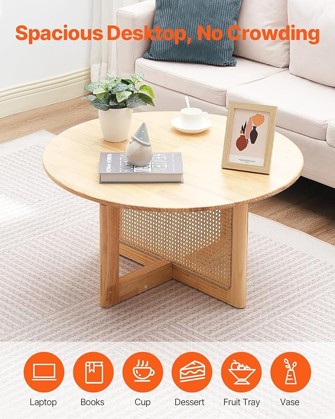 VEVOR Rattan Coffee Table, Round Woven With Rubber Wood Top, 33 in Modern Boho Circular Storage Table With Natural Legs, for Living Room, Bedroom & Small Spaces